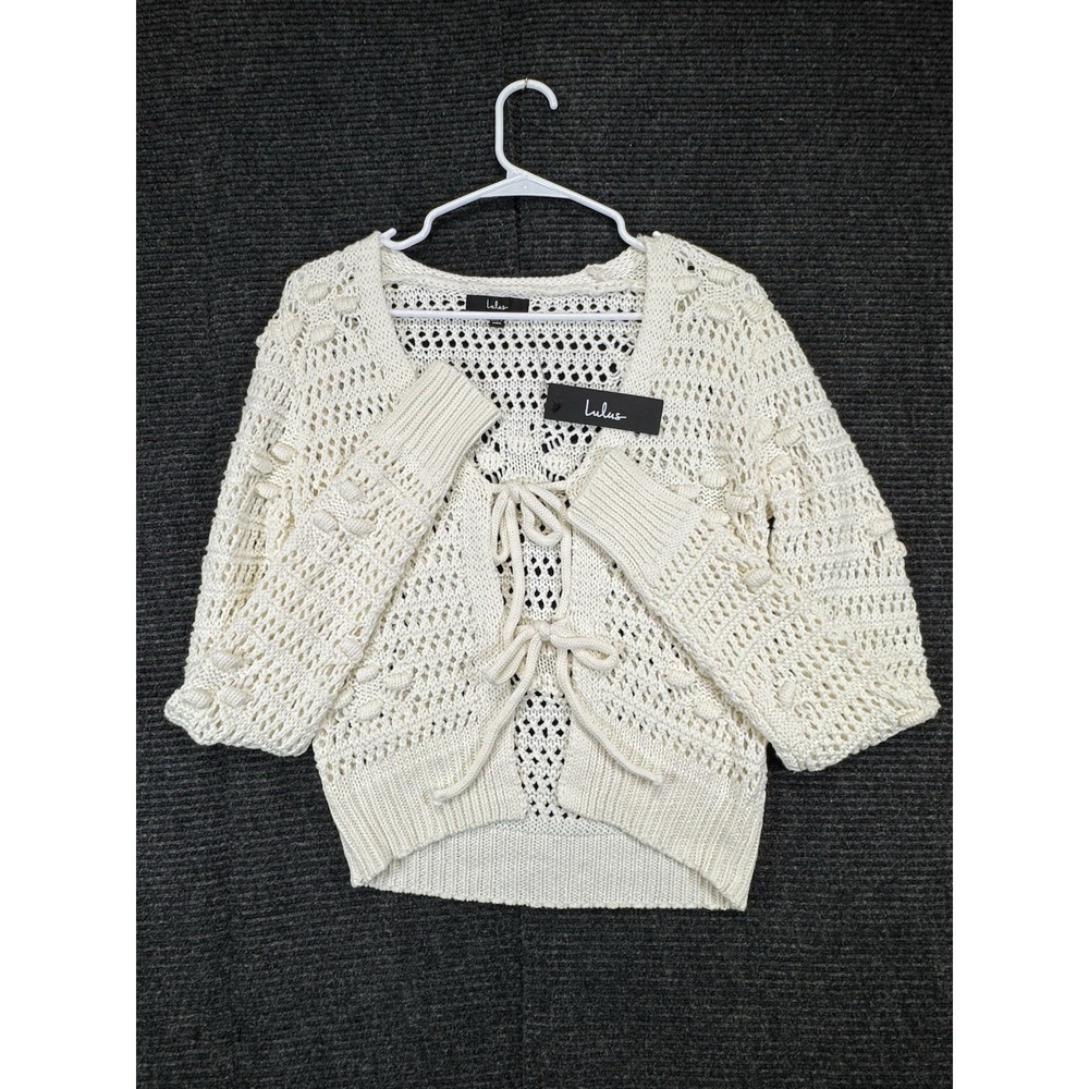 Lulus Women's XS Cream Crochet Knit Tie Front Cardigan Sweater NWT